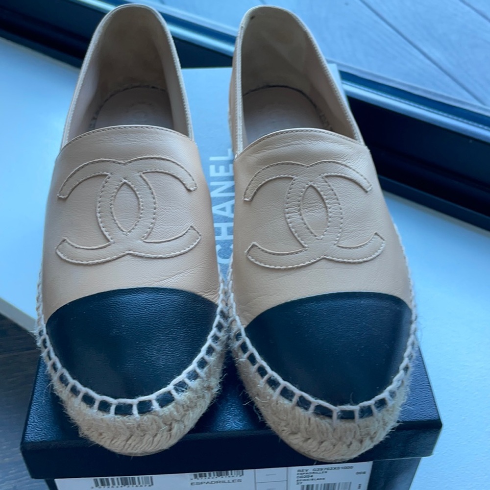 Authentic Chanel Beige/Black Lambskin Espadrilles